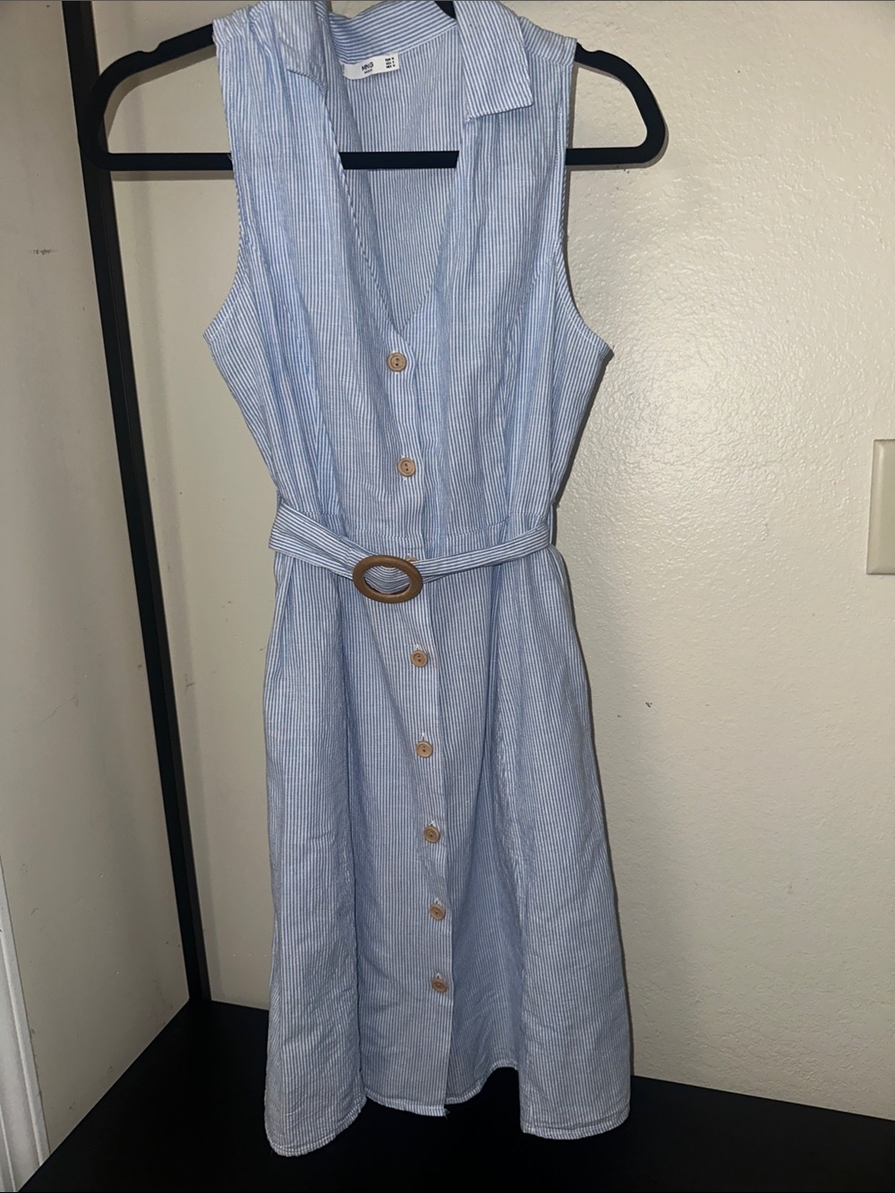 Light blue and white Pinstripe Sleeveless Button-Front Midi Dress w/ Belt